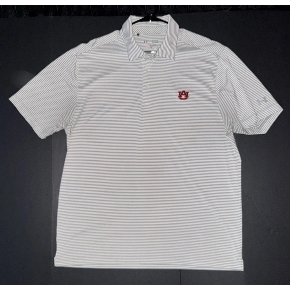 Men's XL Under Armour Auburn Tigers HeatGear Striped Polo Shirt Gray White NCAA